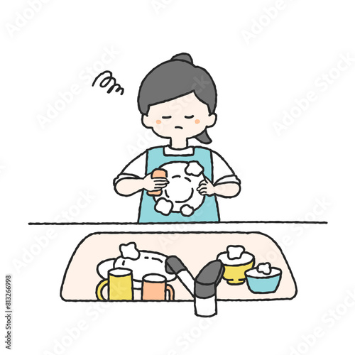 嫌そうに食器洗いをする女性のイラスト