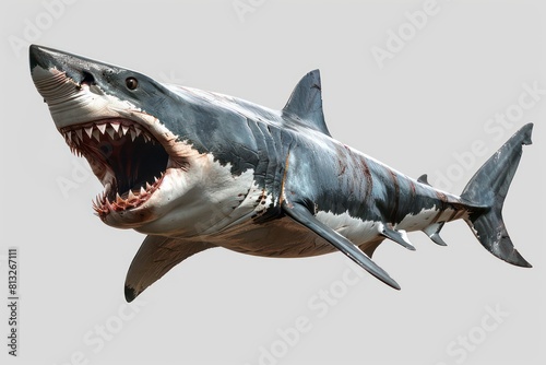 white shark open mouth showing teeth  white background