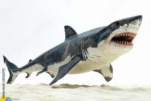 white shark open mouth showing teeth  white background