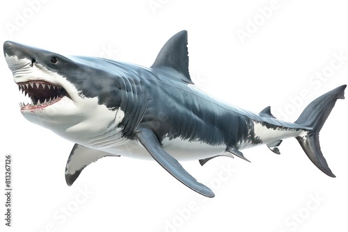 white shark open mouth showing teeth  white background