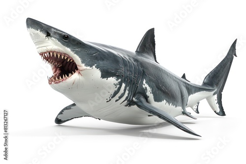 white shark open mouth showing teeth  white background