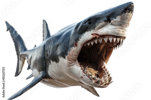 white shark open mouth showing teeth  white background