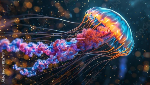 Imagine a surreal jellyfish with a rainbow of neon colors, its tentacles trailing light in a dark underwater setting