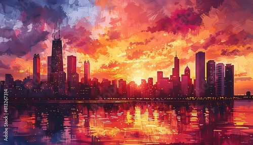 Portray a city skyline at sunset, with the silhouette of skyscrapers outlined against a colorful sky painted in hues of orange and pink
