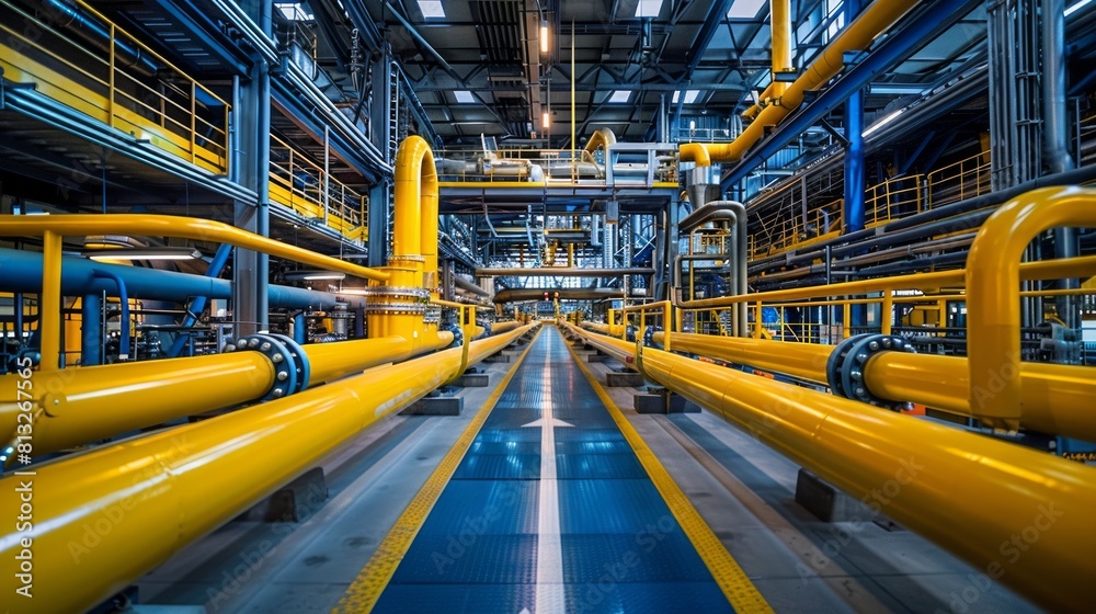 Inside the industrial facility, the intricate network of yellow and blue pipelines weaves a tapestry of efficiency and innovation. Inside the industrial facility, the intricate network of yellow and blue pipelines weaves a tapestry of efficiency and innovation.