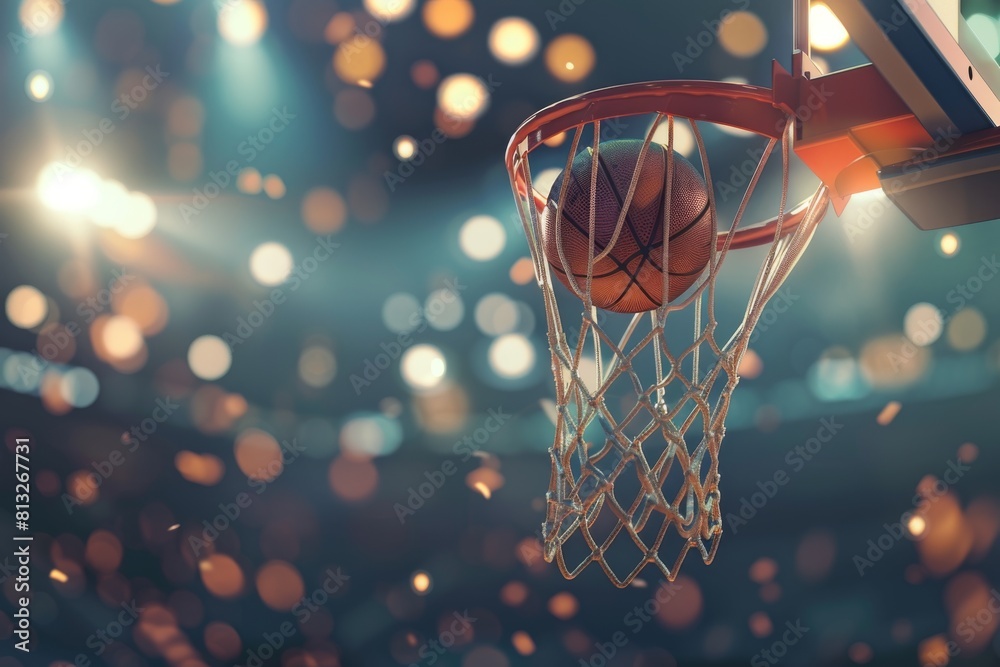 Basketball ball falling through the hoop in a lit gym Basketball ball falling through the hoop in a lit gym