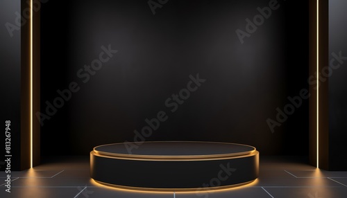 3D rendering of empty black product podium with golden backlight on dark background.