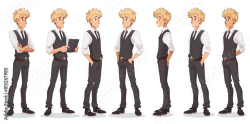 vector character, multiple poses and expressions of young blonde businessman in vest holding laptop or phone with flat white background, character sheet design --ar 125:62