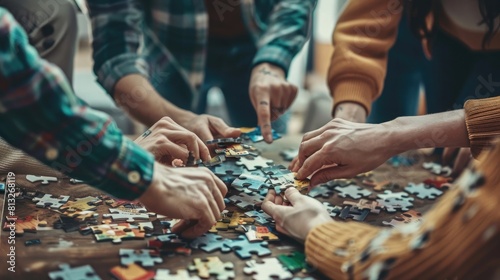 Unrecognizable group of people assembling a puzzle or solving a problem together representing teamwork critical thinking and problem-solving skills,