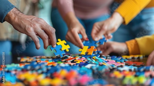 Unrecognizable group of people assembling a puzzle or solving a problem together representing teamwork critical thinking and problem-solving skills 