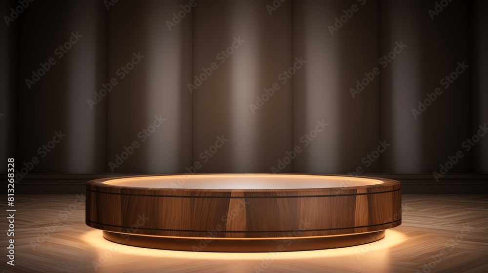 An empty wooden podium with glowing light for product showcase An empty wooden podium with glowing light for product showcase