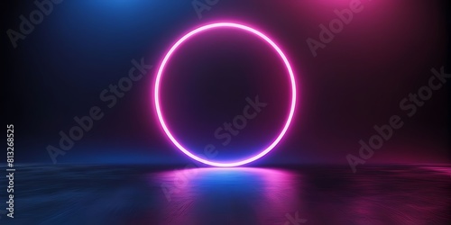  pink circle light frame on black background. Pink light effects on round placeholder for your text on dark background. A blue glowing circle. For futuristic or technology-themed designs 