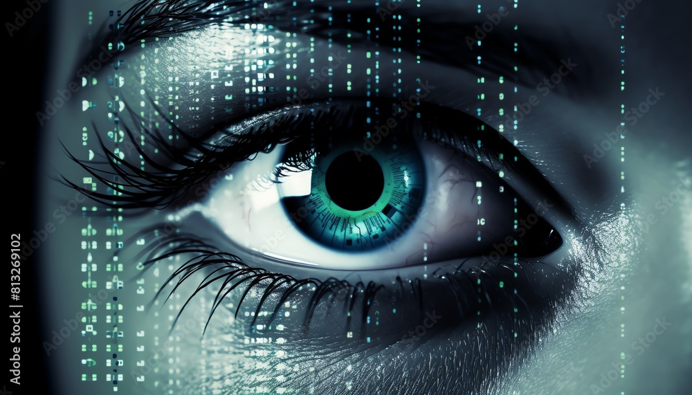 Closeup of a wary eye with digital codes reflected on the iris, cybersecurity awareness campaign.