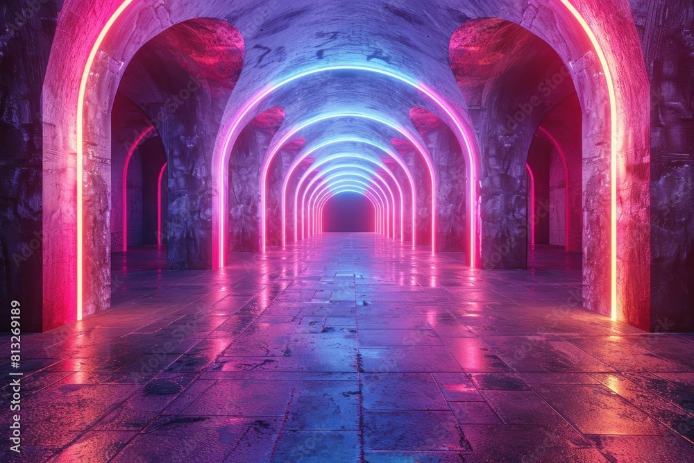 Background 3d render of corridor hallway with neon lights Background 3d render of corridor hallway with neon lights