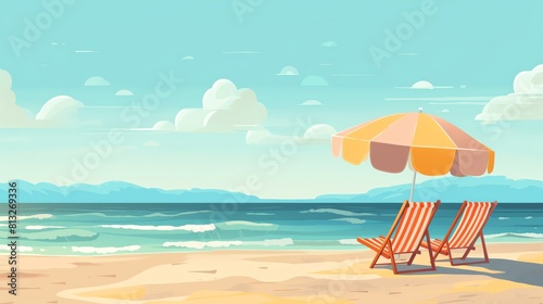 Two beach chairs sit under a beach umbrella on a sandy beach. The ocean is in the background with light blue water and small waves. The sky is blue and there are white clouds.