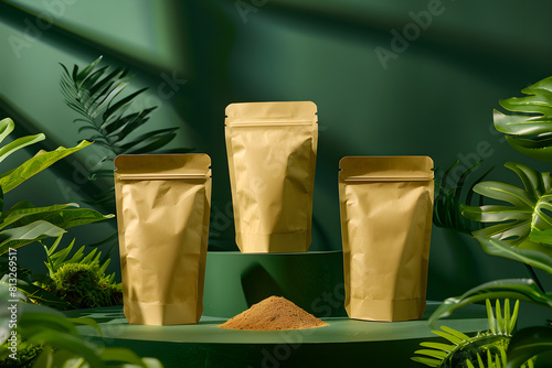 Three standup Kraft paper re-sealable pouches without labels, placed on a podium in a natural environment setup