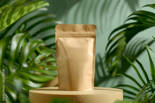 A standup Kraft paper re-sealable pouch without label, placed on a podium in a natural environment setup