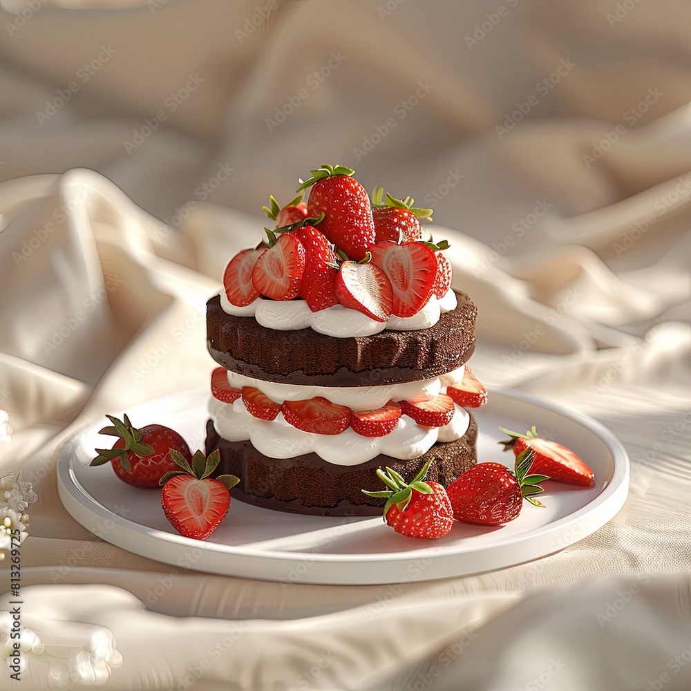 Minimalist chocolate cake with strawberries and cream Minimalist chocolate cake with strawberries and cream