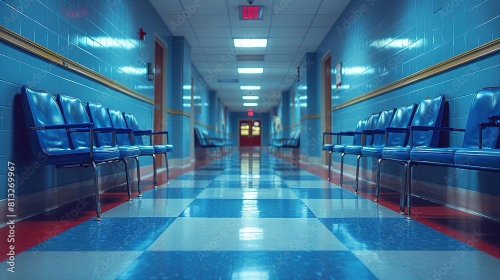 Fototapeta premium Line of Vacant Cobalt Seating in Empty Hospital Walkway