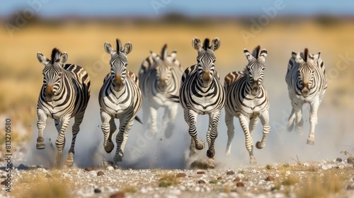 A herd of zebras running through the desert