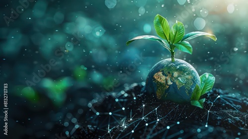 A small green plant sprouts from the soil , with a globe and a network of lines in the background