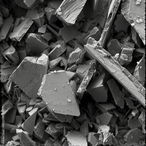 Scanning Electron Microscopy Image of Broken Pieces of a Substance, in a Monochrome, Textured Abstract Composition