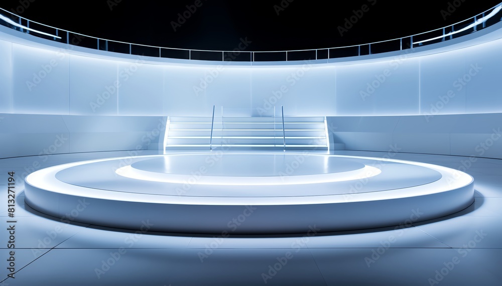 The photo shows a round stage with a podium in the center. The stage is lit by bright lights.