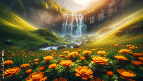 A vibrant landscape featuring a foreground of bright orange marsh marigolds spread across a lush green meadow. In the background a majestic waterfall. Design. Cover. Wallpaper. photo
