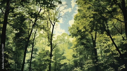 The photo shows a dense green deciduous forest
