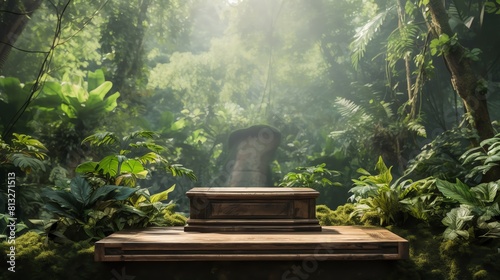The stone altar is located in the middle of the jungle. The altar is surrounded by lush green vegetation and the sunlight is shining through the trees.