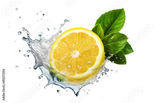 A vibrant lemon water splash isolated on a white transparent background, PNG format. Featuring lemon fruit slices, leaves, and water splashes, with background water waves and citrus pieces and mint