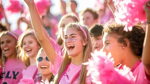 Lively school spirit. students cheering at pep rallies and competing in sports events © Yevhen