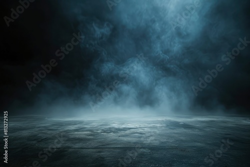Abstract image of dark room concrete floor. Black room or stage background for product placement.Panoramic view of the abstract fog. White cloudiness, moves on black background - generative ai