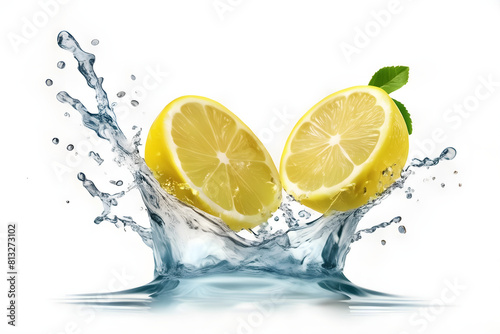 A vibrant lemon water splash isolated on a white transparent background, PNG format. Featuring lemon fruit slices, leaves, and water splashes, with background water waves and citrus pieces and mint