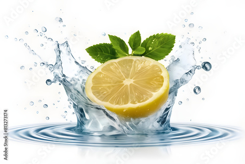 A vibrant lemon water splash isolated on a white transparent background, PNG format. Featuring lemon fruit slices, leaves, and water splashes, with background water waves and citrus pieces and mint