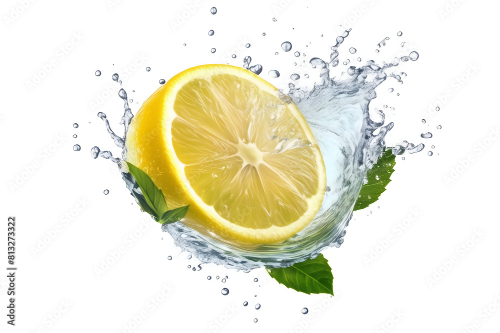 A vibrant lemon water splash isolated on a white transparent background, PNG format. Featuring lemon fruit slices, leaves, and water splashes, with background water waves and citrus pieces and mint A vibrant lemon water splash isolated on a white transparent background, PNG format. Featuring lemon fruit slices, leaves, and water splashes, with background water waves and citrus pieces and mint