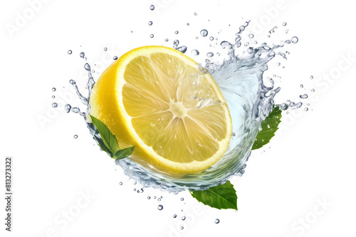 A vibrant lemon water splash isolated on a white transparent background, PNG format. Featuring lemon fruit slices, leaves, and water splashes, with background water waves and citrus pieces and mint