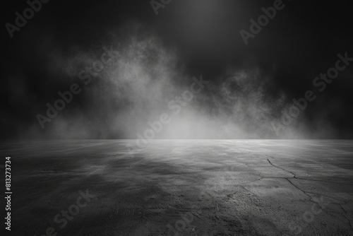 Abstract image of dark room concrete floor. Black room or stage background for product placement.Panoramic view of the abstract fog. White cloudiness, moves on black background - generative ai