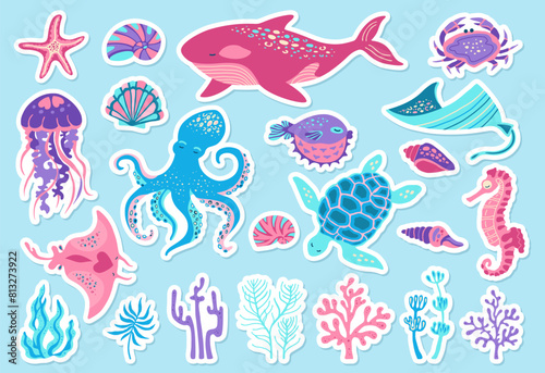 Ocean sea animals cartoon sticker style set. Marine funny comic flat design for children jellyfish, seashell and seahorse, fish. Nautical undersea starfish, turtle octopus, crab, whale, medusa vector © neliakott