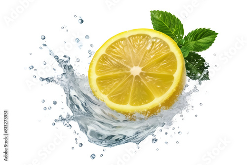 A vibrant lemon water splash isolated on a white transparent background, PNG format. Featuring lemon fruit slices, leaves, and water splashes, with background water waves and citrus pieces and mint