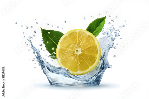 A vibrant lemon water splash isolated on a white transparent background, PNG format. Featuring lemon fruit slices, leaves, and water splashes, with background water waves and citrus pieces and mint