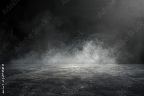 Abstract image of dark room concrete floor. Black room or stage background for product placement.Panoramic view of the abstract fog. White cloudiness  moves on black background   - generative ai