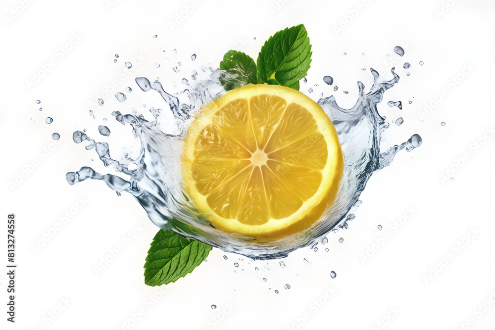 A vibrant lemon water splash isolated on a white transparent background, PNG format. Featuring lemon fruit slices, leaves, and water splashes, with background water waves and citrus pieces and mint A vibrant lemon water splash isolated on a white transparent background, PNG format. Featuring lemon fruit slices, leaves, and water splashes, with background water waves and citrus pieces and mint