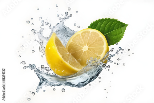 A vibrant lemon water splash isolated on a white transparent background, PNG format. Featuring lemon fruit slices, leaves, and water splashes, with background water waves and citrus pieces and mint