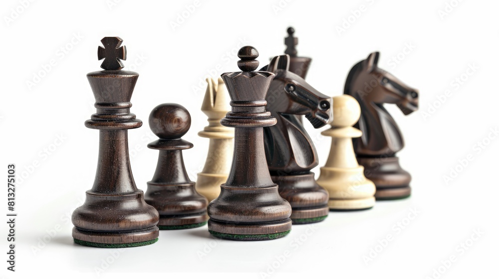Line of black and white chess pieces on background Line of black and white chess pieces on background