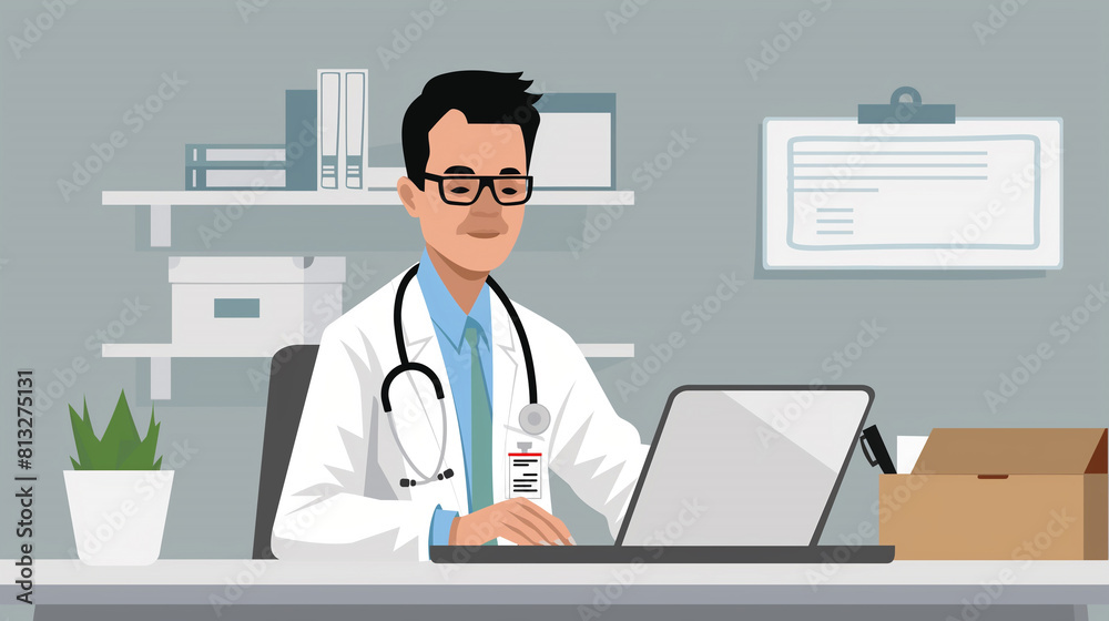 doctor sitting at the desk using laptop for remote consultation, modern digital technology use in medical field doctor sitting at the desk using laptop for remote consultation, modern digital technology use in medical field