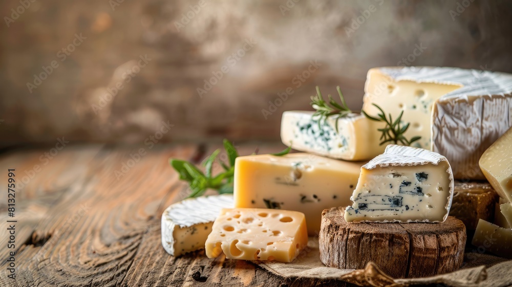 Assorted cheeses with herbs on wooden surface