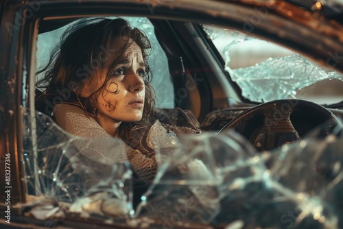 distressed woman driver sitting in wrecked car after accident drunk driving and traffic safety concept photo illustration photo