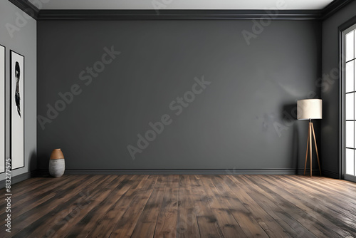 Vintage Modern interior of living room, empty room, dark gray wall and wood flooring, 3d rendering