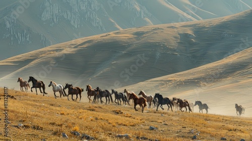 Herd of horses galloping over a hill  Kyrgyzstan  Asia